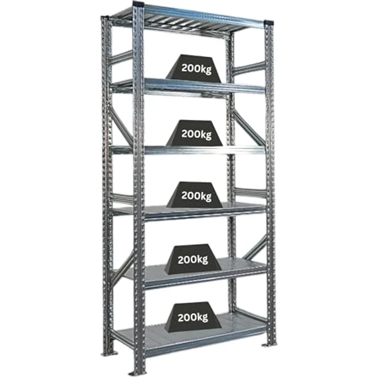 Proregal PROXIMO Metallregal Fachbodenregal, verzinkter Stahl, 210 x 90 x 50 cm, 6 Böden, Traglast 200 kg pro Boden, steckbar – Bild 1
