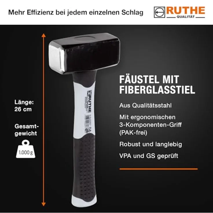 Ruthe Hammer RUTHE Fäustel 800 gr. Fiberglasstiel DIN 6475, mit grau/schwarzem ergonomischen 3-Komponenten-Griff – Bild 3