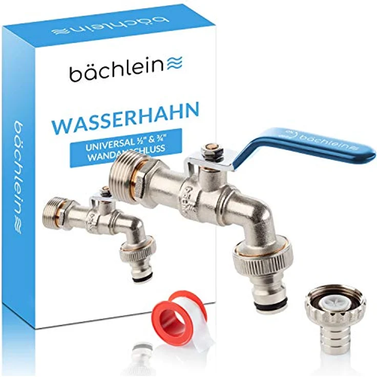 Bächlein Universal Wasserhahn für den Garten [blau] inkl. 2 Schlauchanschlüssen - edler Kugelhahn mit 1/2 und 3/4 Zoll Anschluss, Auslaufhahn aussen – Bild 1