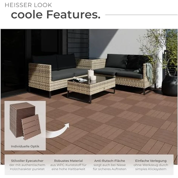 tectake Terrassendielen Tegulas, 22-teiliges Klickfliesen-Set, 2,1142 m², Holzoptik, rutschfest und wetterfest – Bild 3