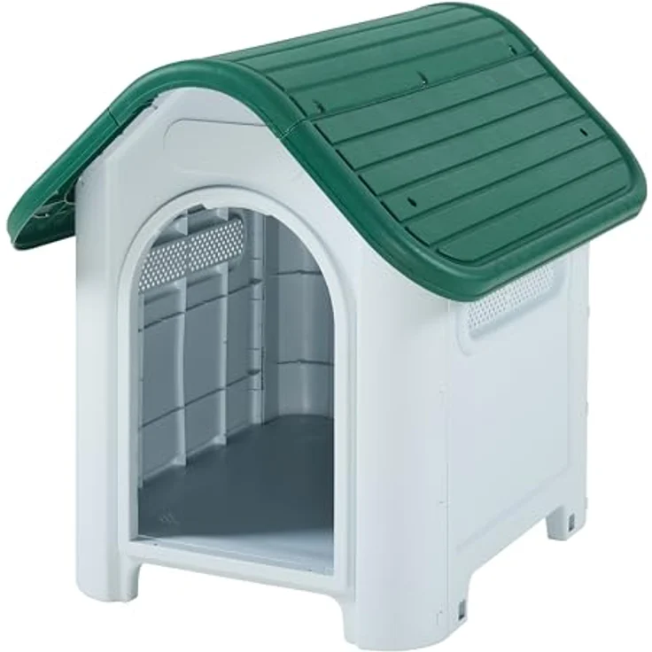 en.casa Hundehütte Outdoor Bello, wetterfestes Hundehaus aus Kunststoff mit Lüftungsschlitzen, erhöhter Boden, 75 x 59 x 66 cm, Weiß/Grün – Bild 2
