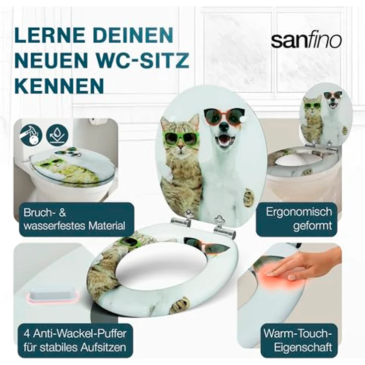 Sanfino WC Sitz Cat & Dog, Toilettendeckel mit Absenkautomatik aus Holz, weiß mit buntem Motiv, verchromte Metallscharniere – Bild 6