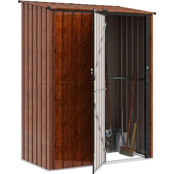 vidaXL Metall Gartenhütte Braun 153,5 x 86 x 200 cm, wetterfester Geräteschuppen mit viel Stauraum für Werkzeuge und Zubehör – Bild 1