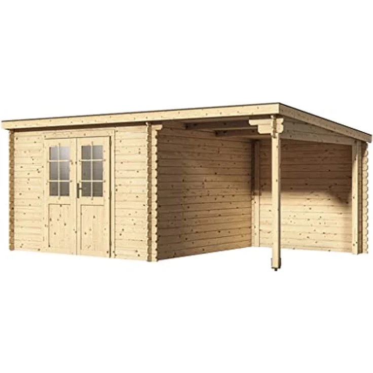 Woodtex Gartenhaus Blockbohlenhaus CA2976, 28 mm naturbelassen mit 2 m Anbau und Doppeltür mit Echtglas-Einsätzen, BxT: 496x309 cm – Bild 1