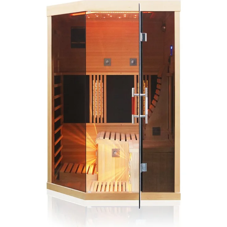 Dewello Infrarotkabine OTTAWA 140x120 Wärmekabine, bis zu 2 Personen, 6 Vollspektrumstrahler, mit Farblichttherapie, Ionisator mit Ozondesinfektion und Aromatherapie, USB-Anschluss & Bluetooth, Hemlockholz, BxTxH: 140 x 120 x 190 cm