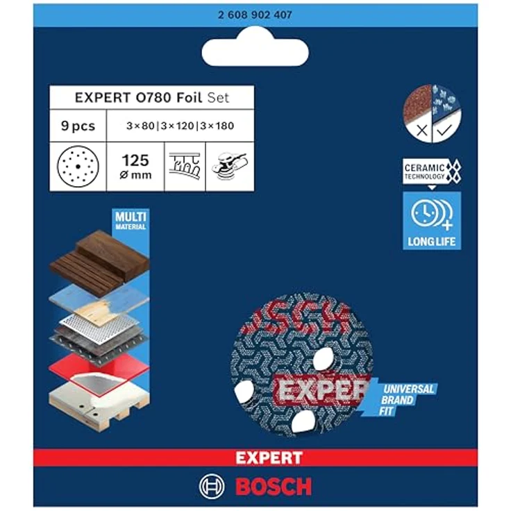 Bosch 9x EXPERT O780 Folienschleifscheiben-Set, 125 mm, 9‑tlg. (für Hartholz, Farbe auf Holz, Ø 125 mm, Körnung 3x80, 3x120, 3x180, Professional Zubehör Exzenterschleifer) – Bild 2