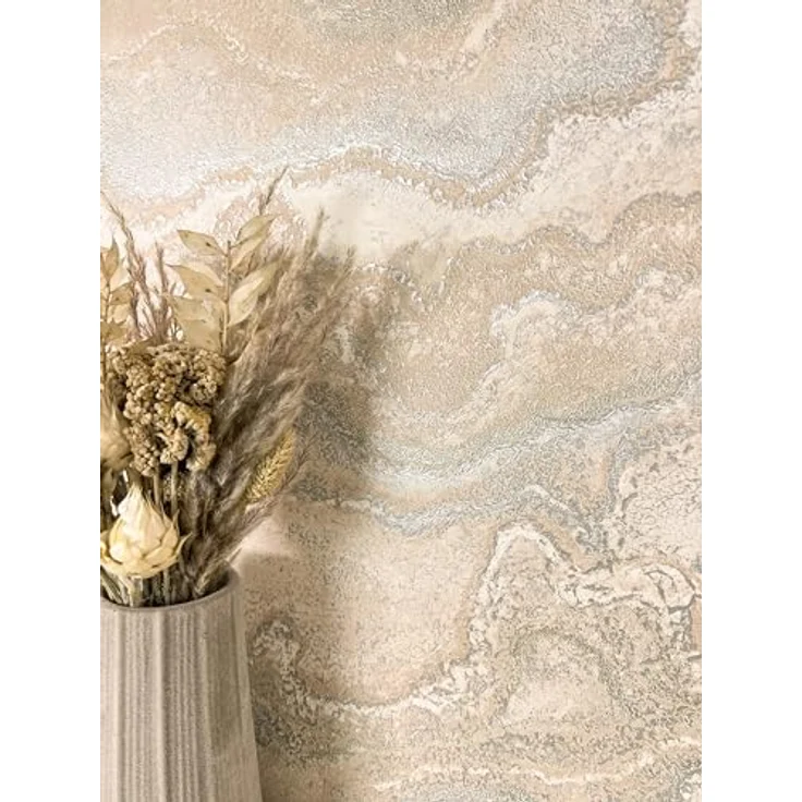 Newroom Glamour Marmortapete Beige Vlies, 3D Relief Metallic für Wohnzimmer und Schlafzimmer, 10,05 m x 0,53 m – Bild 1
