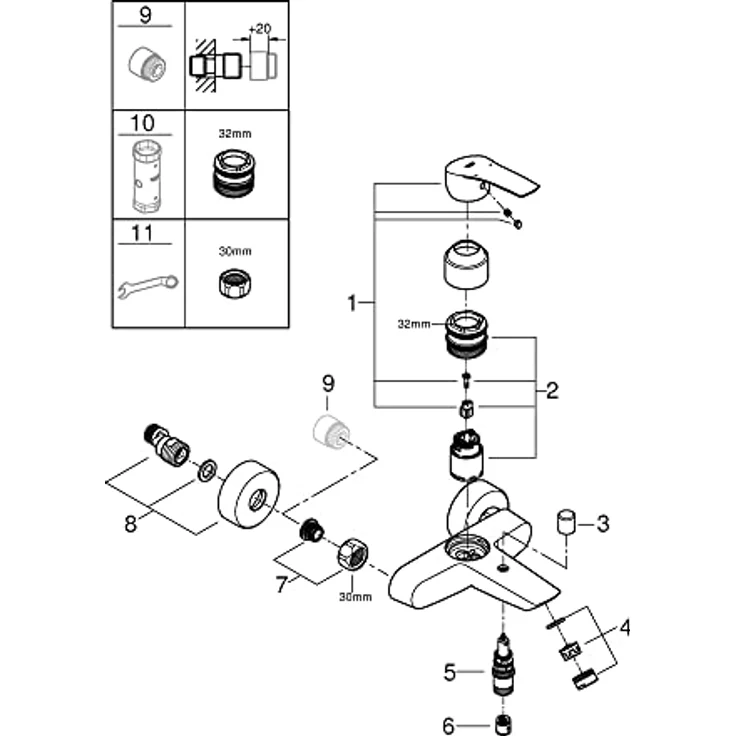 Grohe QuickFix Badewannenarmatur Start, Wandmontage mit kratzfester Chromoberfläche, Einhebelmischer und integriertem Rückflussverhinderer – Bild 6