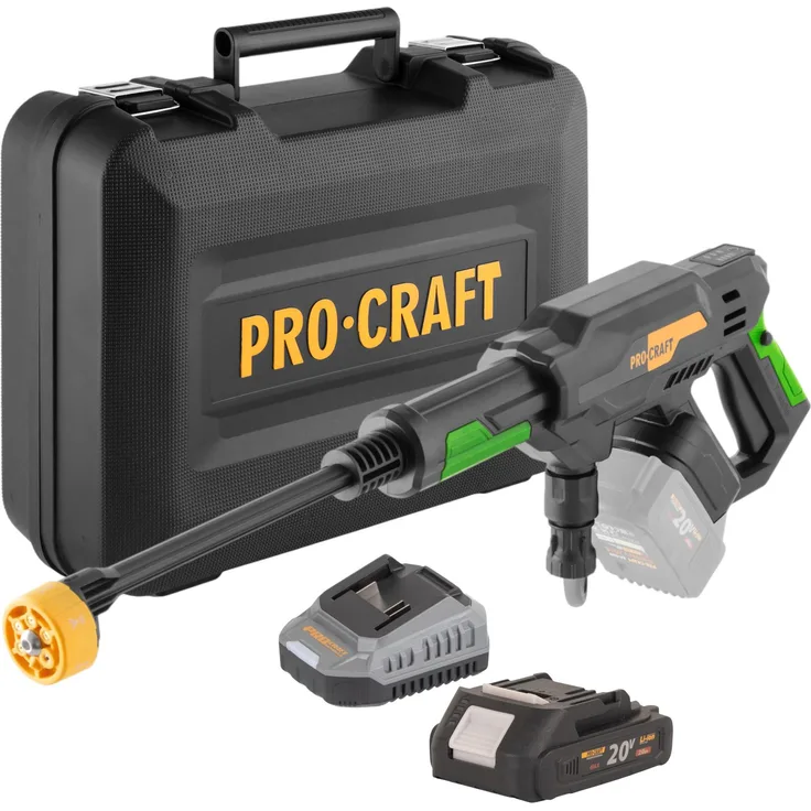 Procraft CW20bb Akku Hochdruckreiniger, 20 V, 30 bar, 180 l/h, Brushless mit 1x 2,0 Ah Akku, Ladegerät und Koffer