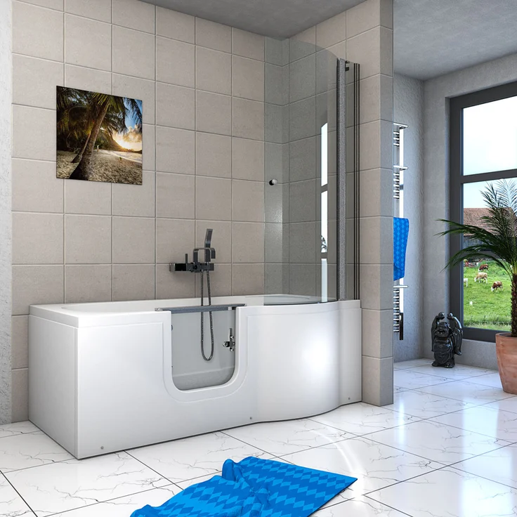 SeniorBad GmbH Seniorendusche und Badewanne mit Tür S12D-L-EC, Duschabtrennung aus 6mm Sicherheitsglas, Stellvariante A, 170x85cm, hochwertiges Sanitär-Acryl, einhebelmischer aus Messing, Sicherheitsverschluss, weiß