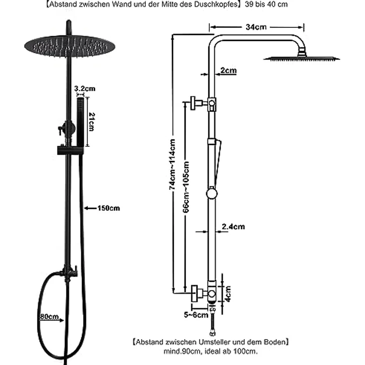JOHO 304 Edelstahl Duschsystem, Matt Schwarz Regendusche Duschset mit 30 cm Kopfbrause, höhenverstellbarer Duschstange und Wassersparfunktion – Bild 5