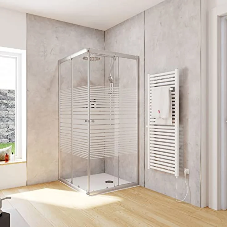 Schulte Duschkabine Corner, Eckeinstieg mit Schiebetüren aus silberfarbenem 4 mm Sicherheitsglas (ESG), Dekor Querstreifen, 90x80 cm, Montage auf Duschwanne oder Fliese – Bild 1