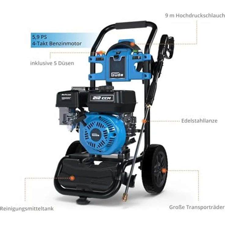 Güde Fuel 250 Benzin-Hochdruckreiniger 234 bar, 5,9 PS, mobil, 9 m Schlauch, Düsen-Set, für Baustelle & Landwirtschaft – Bild 5