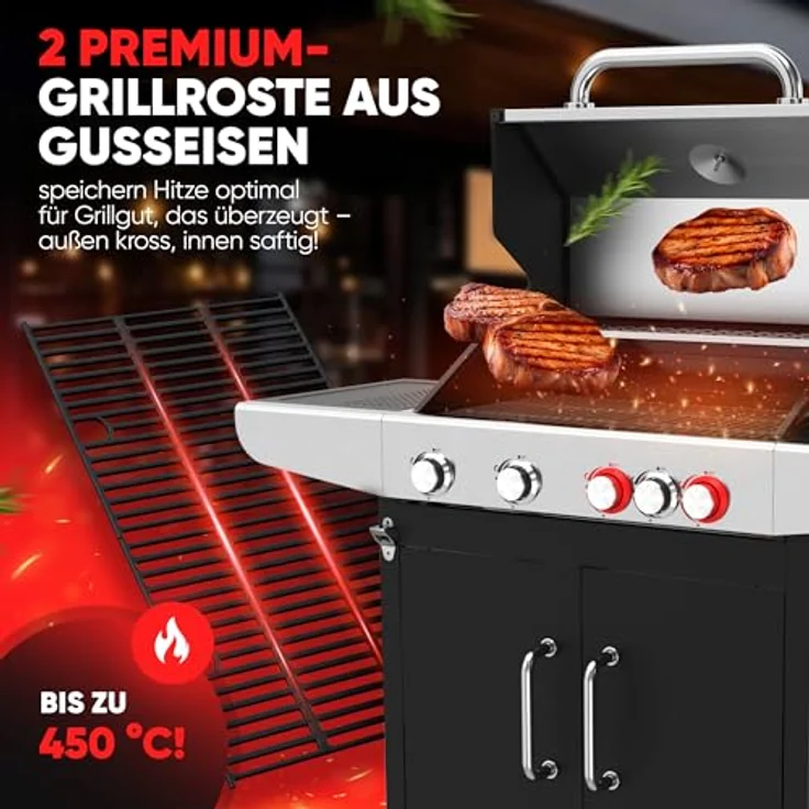 ProfiCook PC GG 1312, Gasgrill mit 4 Brennern, 2 Power-Zonen, Side-Burner, hochwertigen gusseisernen Grillrosten, Temperaturanzeige und Flaschenöffner – Bild 2