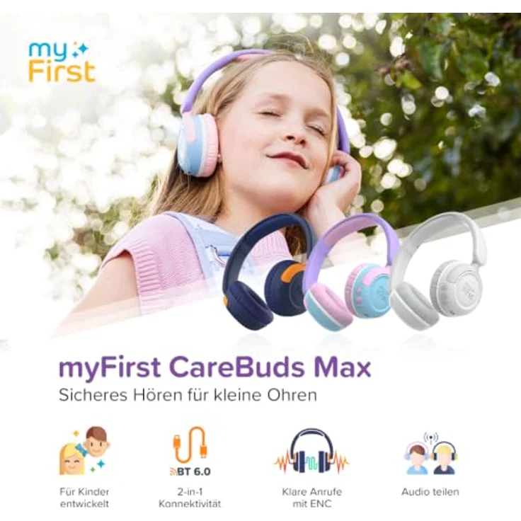 myFirst CareBuds Max – Kabellose Kinderkopfhörer mit Mikrofon, austauschbaren Ohrpolstern, intelligenter Lautstärkebegrenzung, 52 Stunden Spielzeit, schnellem Aufladen, Nebelweiß – Bild 2