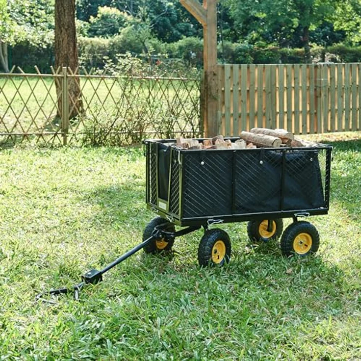 pro.tec Bollerwagen Corropoli, Handwagen mit herausnehmbarer Innenplane, max. 550 kg Tragkraft, ergonomischer Griff, klappbare Seitenwände, Schwarz/Gelb – Bild 3
