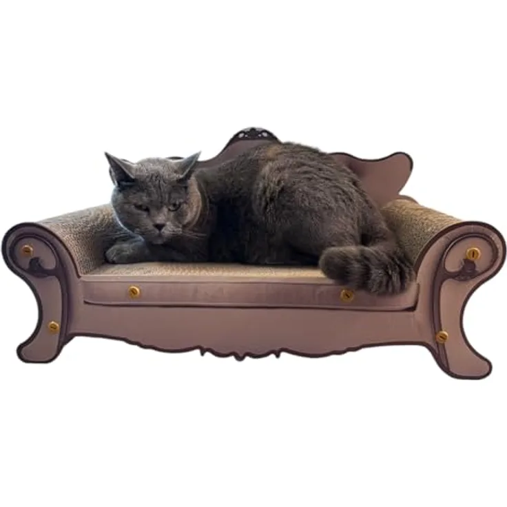 PURLOV Erhöhte Katzenliege und Kratzbrett 2 in 1 Pappe für Entspannung und Schärfen der Krallen Stilvolles Design Antik-Sofa 24285, Robuste Wellpappe, Einfache Montage, Antikes Sofa-Design