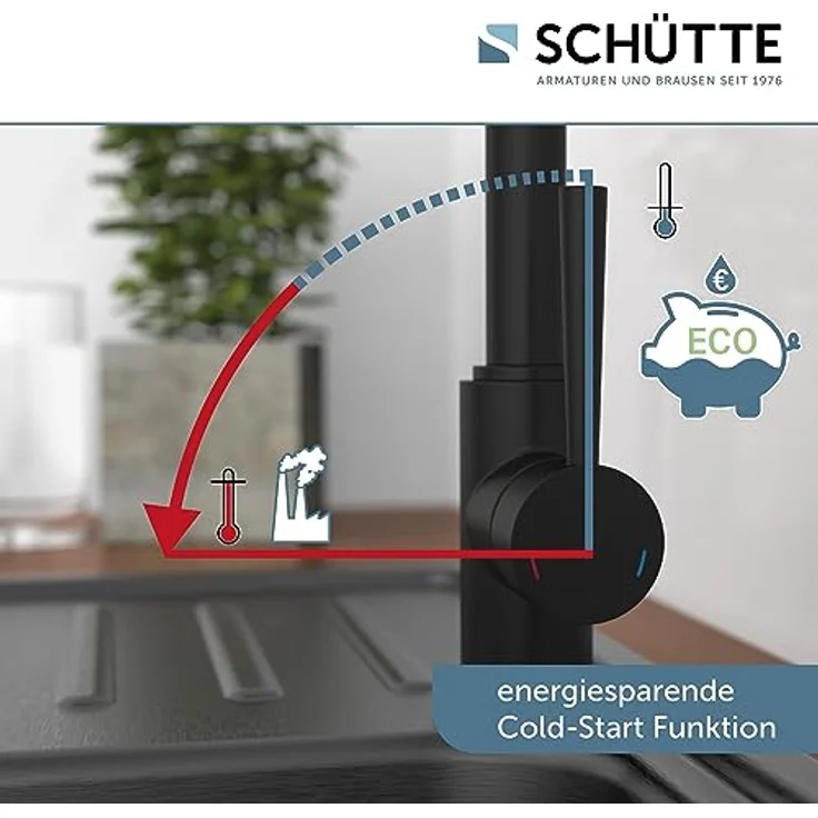 Schütte Cornwall Niederdruck Spültischarmatur, 360° schwenkbarer Wasserhahn mit Dripless-Strahlregler und Cold-Start Technik – Bild 4