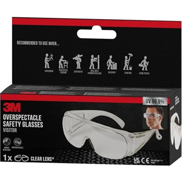 3M VisitorC Schutzbrille für Brillenträger, leichte Elektrowerkzeugarbeiten, Schutz gegen Splitter, 99.9% UV-Schutz, Klare Polycarbonatscheiben – Bild 7