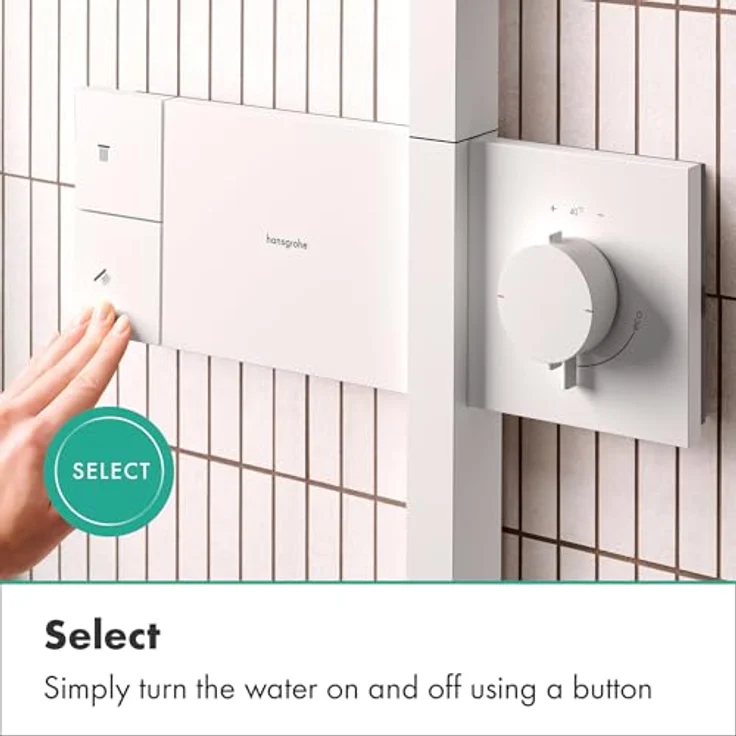 hansgrohe Raindance Alive Q, Duschsystem mit Thermostat, Regendusche 340 x 210 mm, Handbrause mit 3 Strahlarten, matte weiße Oberfläche und grafitfarbene Strahlplatte – Bild 3