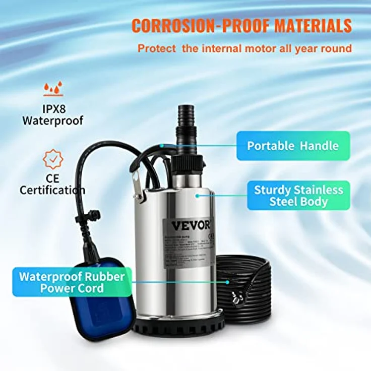 VEVOR Schmutzwasserpumpe 550 W Tauchpumpe, 158 L/min, für Swimmingpool Keller Klärgrube, mit Ablassadapter – Bild 4