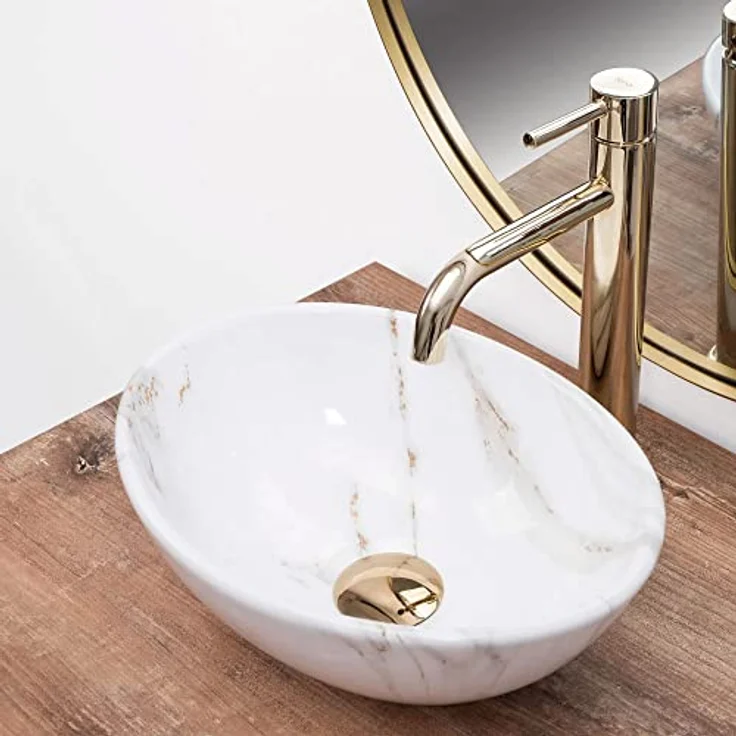 Rea Aufsatzwaschbecken SOFIA MINI SHINY AIAX Waschtisch Handwaschbecken Spülbecken Waschschale Waschbecken für Badezimmer aus hochwertiger Keramik 350 x 260 x 125 mm (Weiß, Marmorimitat) – Bild 3