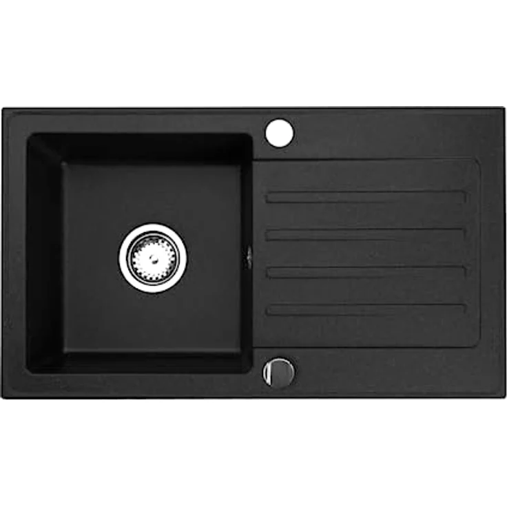 Faizee Möbel Granitspüle 76x44 Küchenspüle Eckig Spülbecken f. Unterschränke ab 45 cm inkl.Siphon Set (Schwarz, Armatur Klein Schwarz) – Bild 2