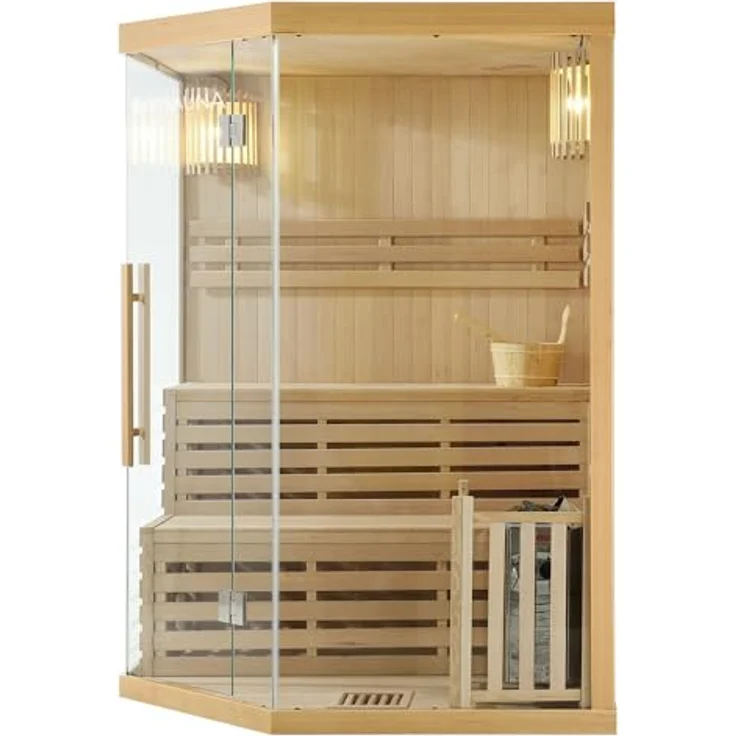 Artsauna Saunakabine Espoo150 Premium mit Harvia Ofen — 3 Personen — Hemlock Holz, Glasfront und LED Licht — Inkl. Thermometer & Sanduhr —Komplett Set – Bild 8