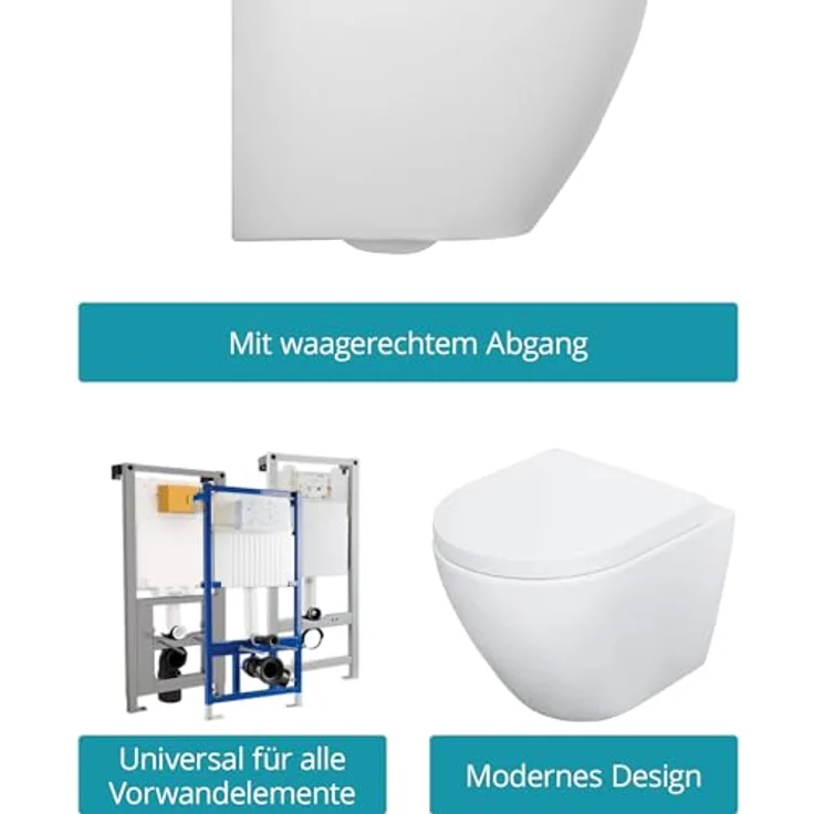 Calmwaters Tiefspül-WC, Wandhängend, Abgang Waagerecht, Raumspar WC 45 cm, spülrandlos, Absenkautomatik, Weiß – Bild 4