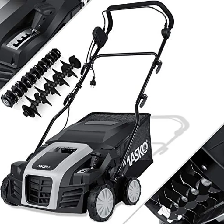 MASKO - Elektro 2in1 Vertikutierer Rasenlüfter 1800 Watt 40cm Arbeitsbreite 55L Fangkorb inkl. Lüfterwalze Lüfter Moosentferner, 5-stufige Arbeitstiefe einstellbar , höhenverstellbarer Holm Schwarz