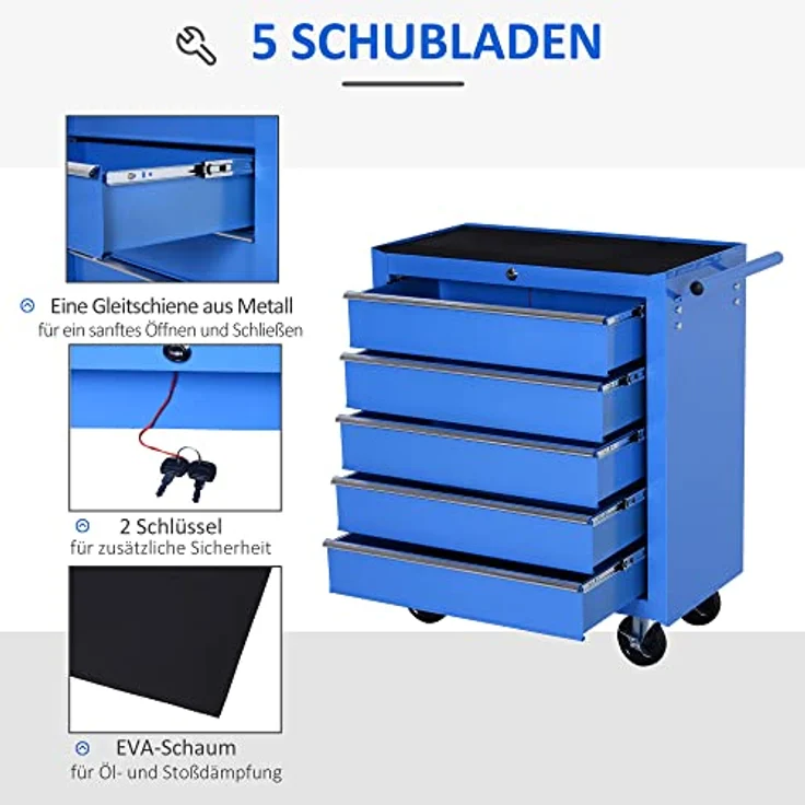Homcom® Fahrbarer Werkstattwagen Werkzeugwagen Rollwagen Werkzeugkasten mit 5 Schubladen blau – Bild 4