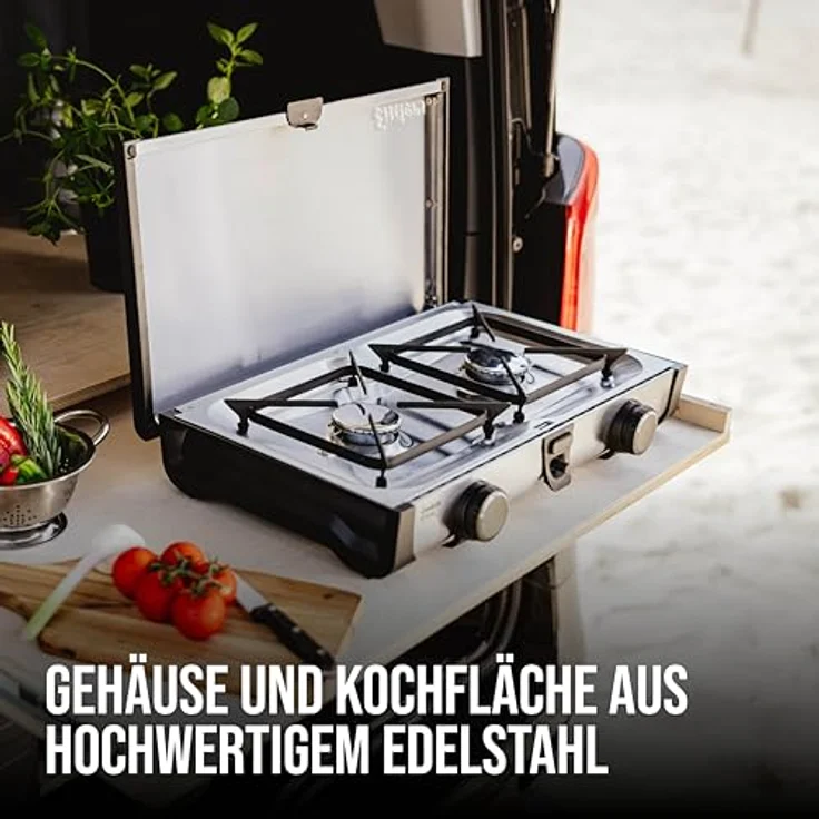 Enders Ryda 2Z, Gaskocher 2-flammig mit Zündsicherung, Edelstahlbrenner 2x2,3 kW, kompakt mit Gasschlauch und Windschutz – Bild 4