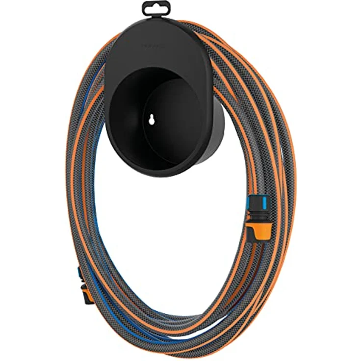Fiskars Wasserschlauch-Set, 15 m mit 2 Schlauchanschlüssen und Wandhalterung, Verwindungssteifigkeit Stufe 4, Ø 1,3 cm, Schwarz/Orange/Blau, 1027678 – Bild 1