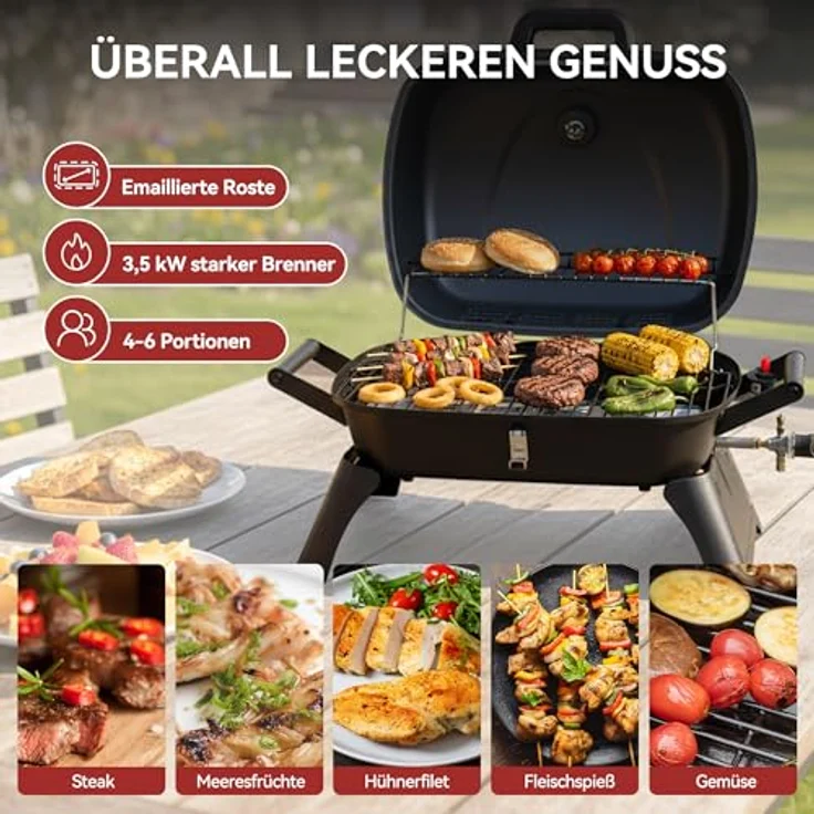 Royal Gourmet Gasgrill TBQ-1250, tragbarer Tischgasgrill mit 3,5 kW, klappbaren Beinen und Thermometer, für Garten und Balkon – Bild 5