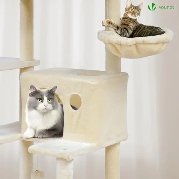 VOUNOT XXL Katzenbaum 215cm, mehrstöckiger Katzenmöbel mit Korb Hängematte, Plüschbälle, Grau – Bild 5