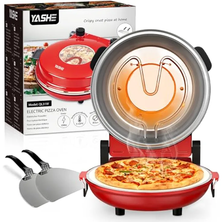YASHE Pizzaofen Elektrisch, 400°C, 1200W, Keramikstein, Sichtfenster, Timer, für knusprige Pizza in 4–6 Minuten