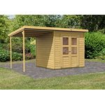 Karibu Gartenhaus Merseburg 4 | Gerätehaus mit 14 mm Wandstärke | 1,66 Meter langes Anbaudach ECO | Doppeltür | Schuppen: 4,5 m² Grundfläche | Steck-/Schraubsystem | Naturbelassen | 390 x 236 x 220 cm