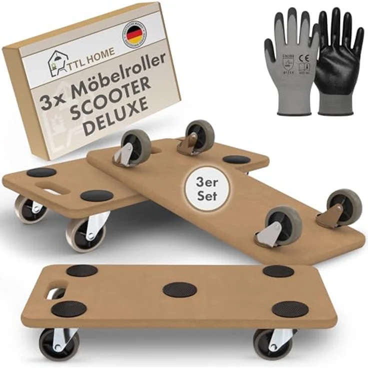 TTL HOME Möbelroller SCOOTER DELUXE 3er Set, lackiertes Rollbrett mit 250kg Traglast, 360° drehbare Gummi-Rollen, 5 Anti-Rutsch-Pads, für Indoor & Outdoor – Bild 1