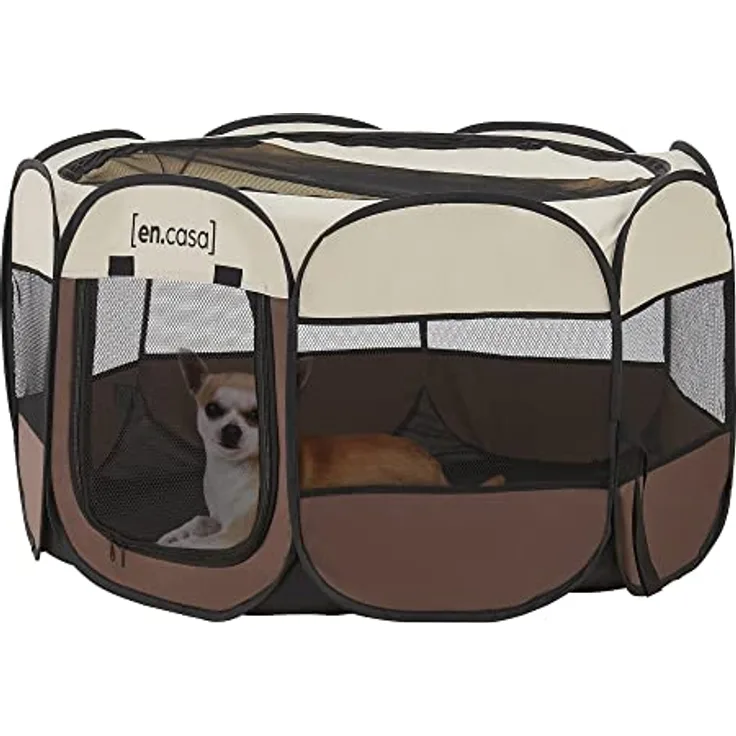 [en.casa] Hundelaufstall Telford 58 x 114 x 114 cm Pop Up Tierlaufstall für Innen- und Außenbereich Welpenlaufstall Hundehütte Braun/Cremefarben - Platzsparender Transport, universell einsetzbar, strapazierfähiges Material
