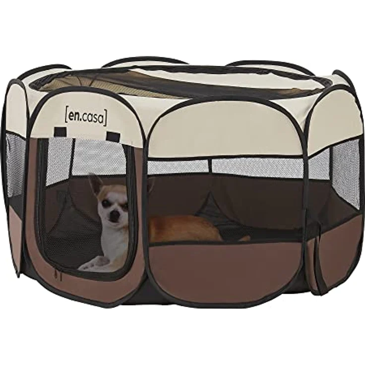 [en.casa] Hundelaufstall Telford 58 x 114 x 114 cm Pop Up Tierlaufstall für Innen- und Außenbereich Welpenlaufstall Hundehütte Braun/Cremefarben - Platzsparender Transport, universell einsetzbar, strapazierfähiges Material – Bild 1