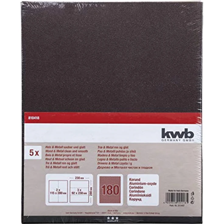 kwb 810418 Schleif-Papier Schleif-Bogen Korund für Holz, Metal, Farbe, Lack und Spachtel, 230 x 280 mm, verschweißt 5 Stk. Korn K-180, Made in Europe – Bild 2