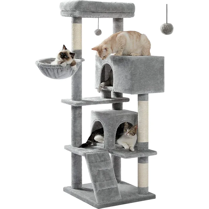 PurpurRain Kratzbaum Katzenbaum für große Katzen Erwachsene mit großer Sitzstange 143 cm - Aktivitätszentrum mit Mehrstufiger Struktur für sicheres Versteck und Unterhaltung, inklusive Höhlen und Hängematte, Purpur