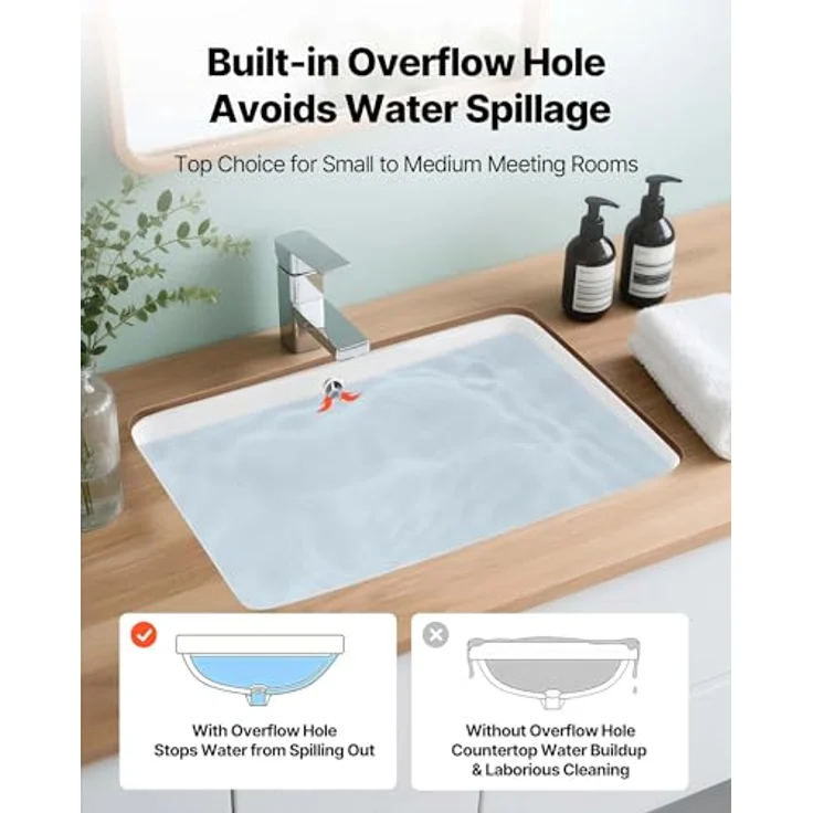 VEVOR Unterbauwaschbecken 530 x 375 mm rechteckiges Keramik Spülbecken mit Überlaufloch, schmutzabweisende Oberfläche, für kleine Räume, Badezimmerwaschbecken in Weiß – Bild 4