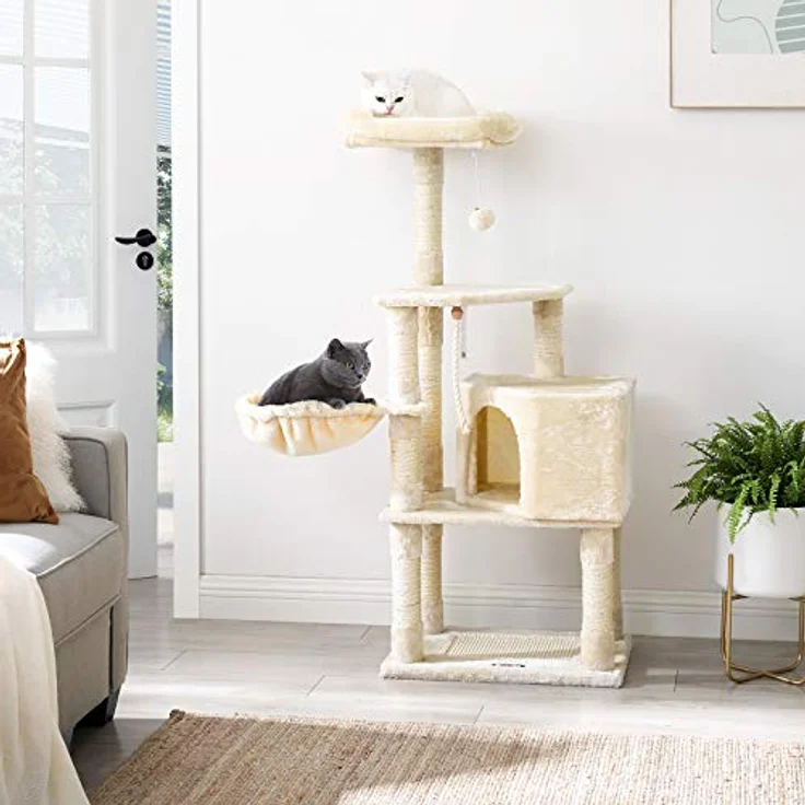 Feandrea Kratzbaum groß, 138 cm hoch, Katzenbaum mit Kratzbrett und 9 Kratzsäulen, Plattform, Höhle, Plüschball, mehrstufig, beige – Bild 3