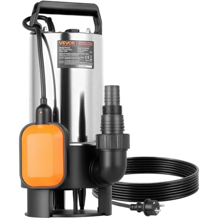 VEVOR 710W Tauchpumpe, 20000l/h Schmutzwasserpumpe mit automatischem Schwimmerschalter, 9m Förderhöhe für Pools und Teiche, Edelstahlgehäuse IPX8 – Bild 1