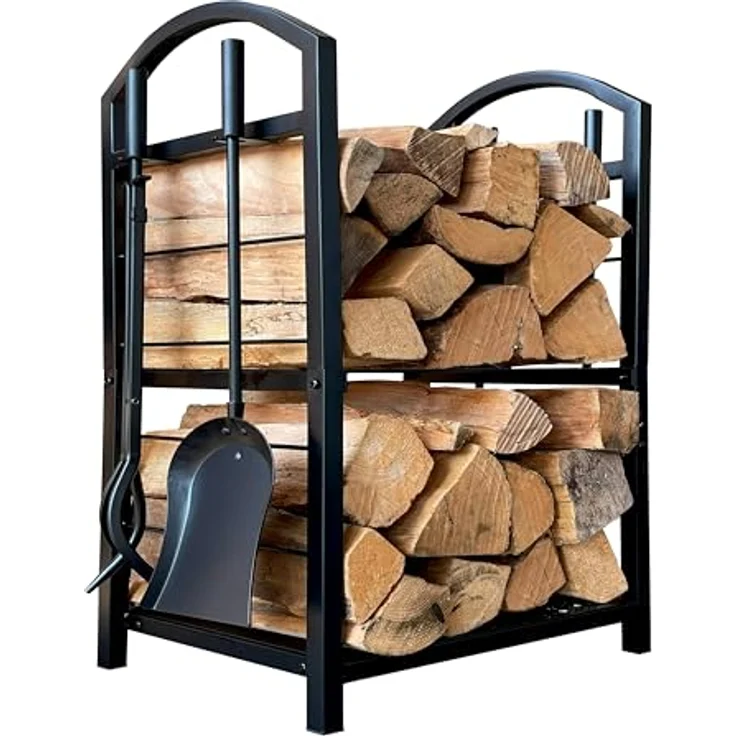 QUICK STAR Metall Kaminholzregal 45x30x74 cm Schwarz | 2 Ebenen, 5-teiliges Set mit Schaufel, Zange, Bürste und Schürhaken, Stahl Kaminholzständer für Innen & Außen – Bild 1