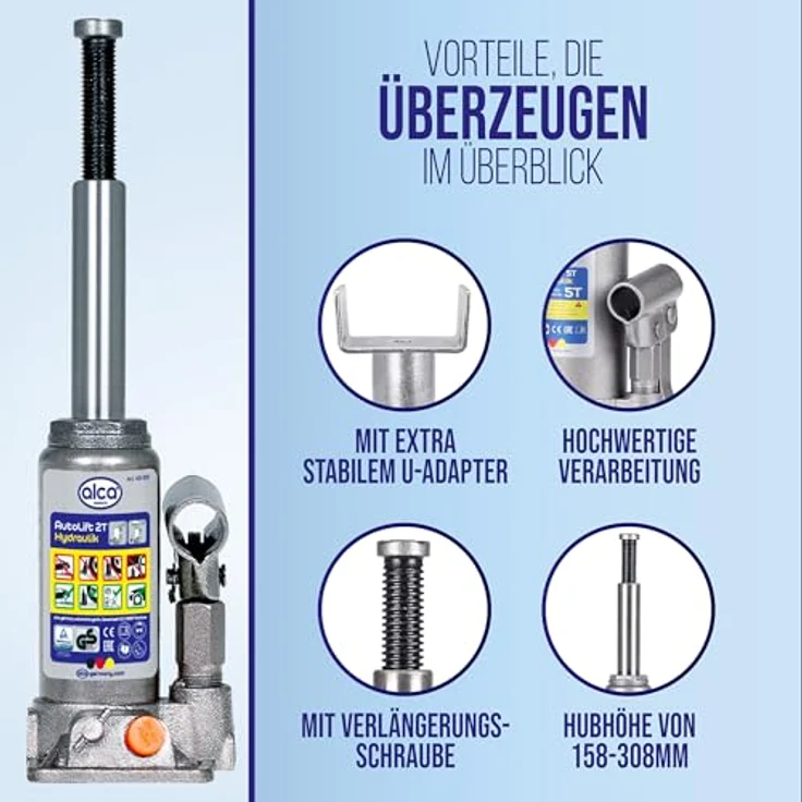 alca® Hydraulischer Wagenheber 2t im Koffer mit U-Adapter, Stempelwagenheber aus Stahl, Hubhöhe 158–308 mm, silber-grau, für PKW SUV Caravan, Unterstellheber für schwierige Hebepunkte – Bild 6