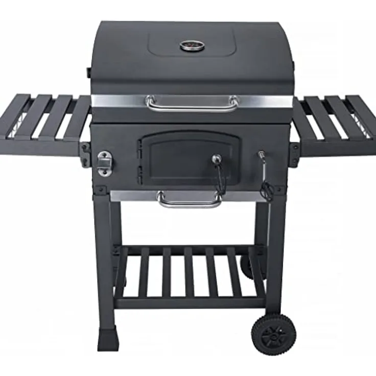 Alice's Garden Holzkohlegrill Bernard Schwarz - Räuchergrill mit Aschesammler, Belüftern, verstellbarem Holzkohlebehälter und Klappregalen - Schwarz