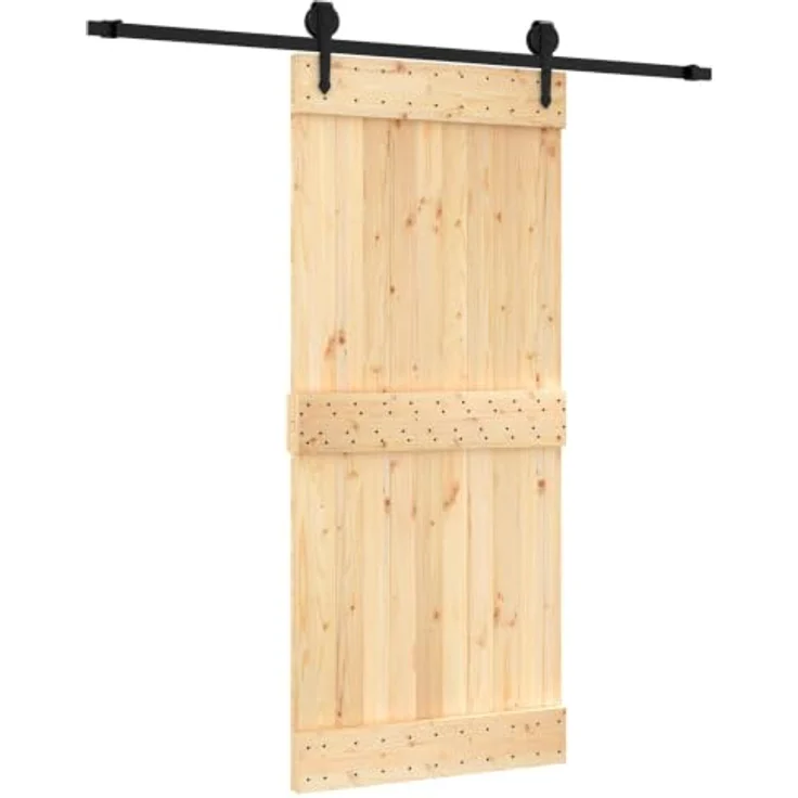 vidaXL Schiebetür 90 x 210 cm, Massivkiefer in Natur und Schwarz, moderner Raumteiler mit rechteckigem Stahlrahmen – Bild 1