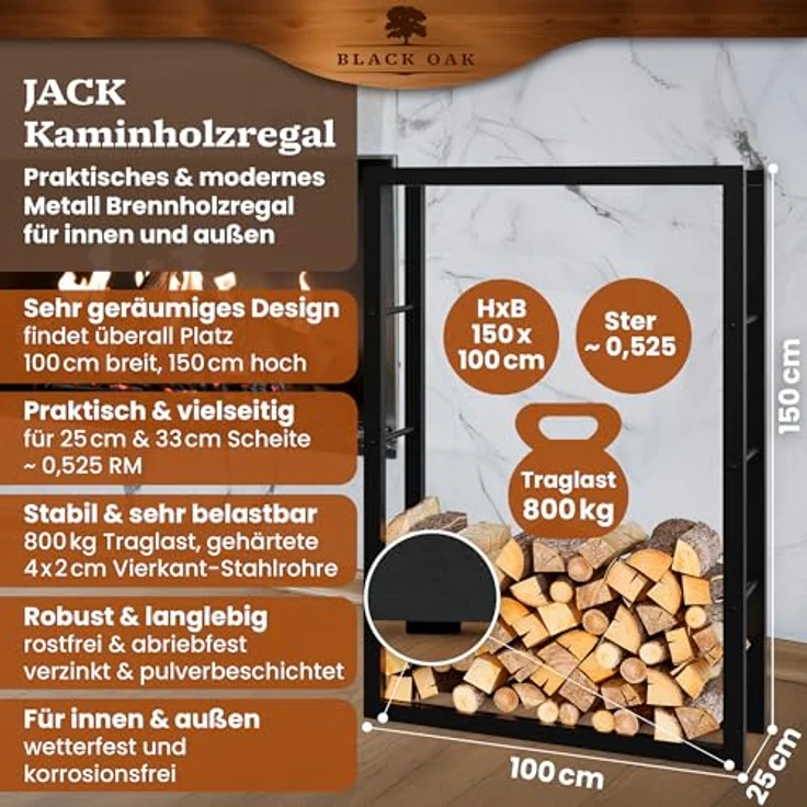 BLACK OAK Kaminholzregal JACK, 150x100x25cm schwarz, Metall Stahl Rahmen pulverbeschichtet, für innen & außen, bis 800kg Holzlagerung – Bild 2